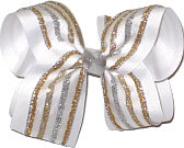 Silver Platinum and Gold Glitter Stripe Chiffon over White Large Double Layer Bow