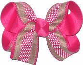 Khaki Canvas with Shocking Pink Stripe and White Dots over Shocking Pink Medium Double Layer Bow