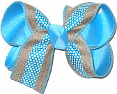 Khaki Canvas with Mystic Blue Stripe and White Dots over Mystic Blue Medium Double Layer Bow