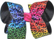 MEGA Rainbows Cheeta Print over Black Double Layer Overlay Bow