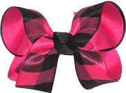 Medium Shocking Pink and Black Plaid over Shocking Pink Double Layer Overlay Bow
