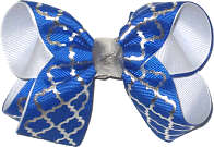 Medium Electric Blue and Metallic Silver Quatrafoil over White Double Layer Overlay Bow