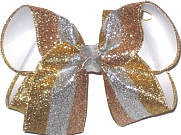 MEGA Gold Silver and Copper Glitter Stripes over White Double Layer Overlay Bow