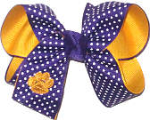 Medium Yellow Gold Monogrammed Tiger Paw on Purple with White Microdots over Yellow Gold Double Layer Overlay Bow