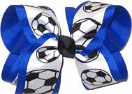 Large Soccer Balls on White Grosgrain over Electric Blue Double Layer Overlay Bow
